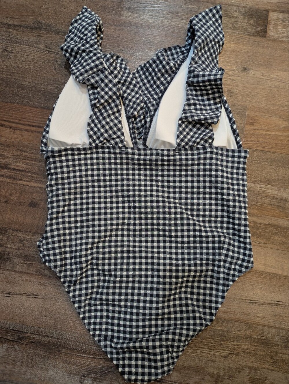 NWT J. Crew Ruched Ruffle Navy White Gingham Seersucker One-Piece Swimsuit Sz 18 - Picture 2 of 13